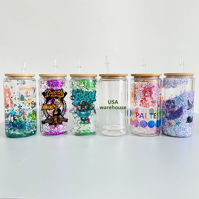 

US Warehouse Sublimation Glass Tumblers 16oz 25oz Double Wall Snow Globe Cups Blank Bamboo Lid Beer Can Glass Mason Jar Mug With Plastic Straw 3347 T2, Clear