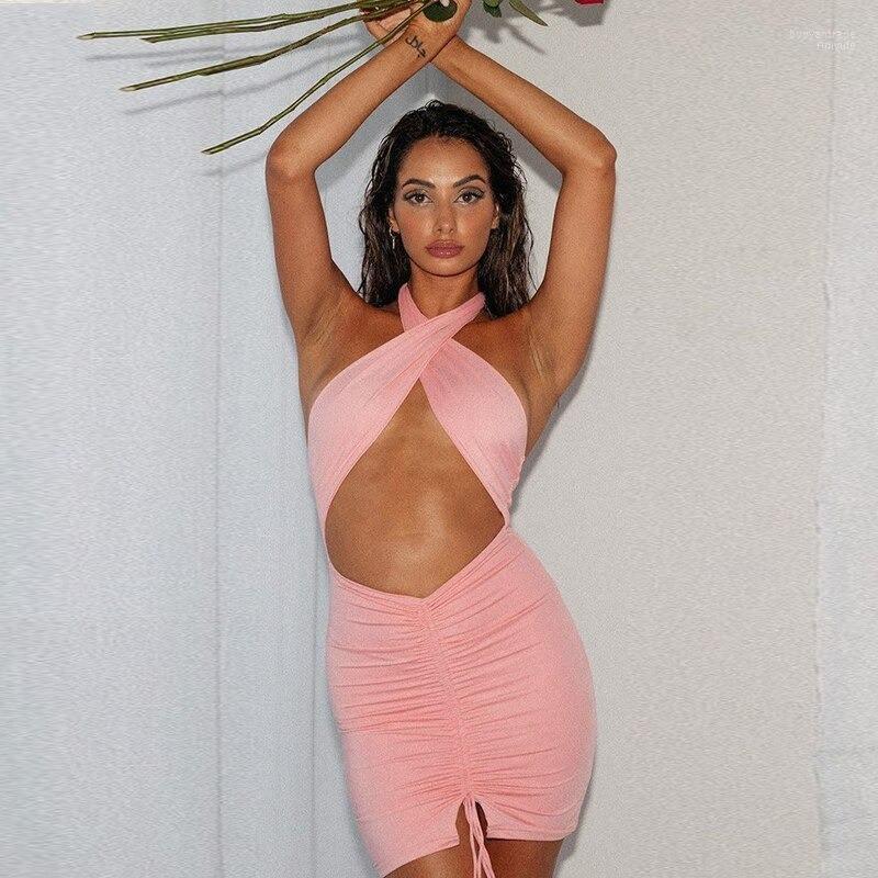 

Casual Dresses Solid Color Cross Women Summer Bandage Halter Dress Sleeveless Skinny Cut Out Clothing Lady Fashion Drawstring Mini 2022, Green