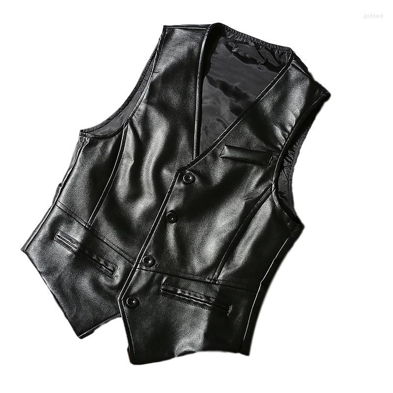 

Men's Vests Idopy Men Vest Black Business Classic Waistcoat Male Faux Leather Fashion Solid Biker Sleeveless Jacket
