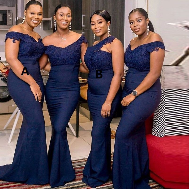 2023 Navy Blue Bridesmaid Dresses One Off Shoulder Or Length Chiffon Lace Applique Custom Made Maid Of Honor Gown Country Wedding Wear 401 6660311