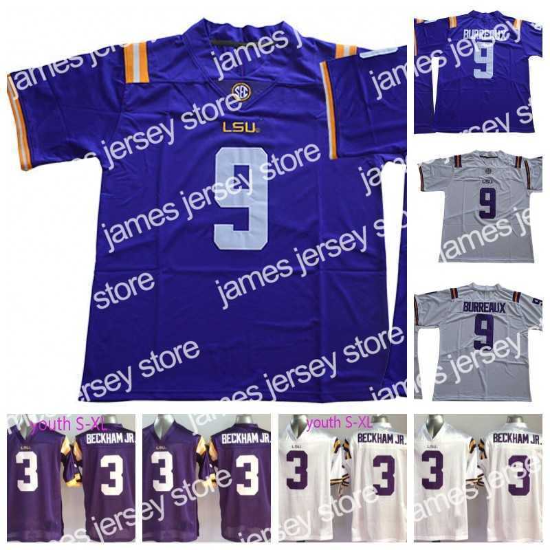 

College Baseball Wears Mens Youth LSU Tigers 9 Joe Burrow Burreaux 3 Odell Beckham Jr. White Purple NCAA College Football Jersey Double Stitched Name and Number, 3 white