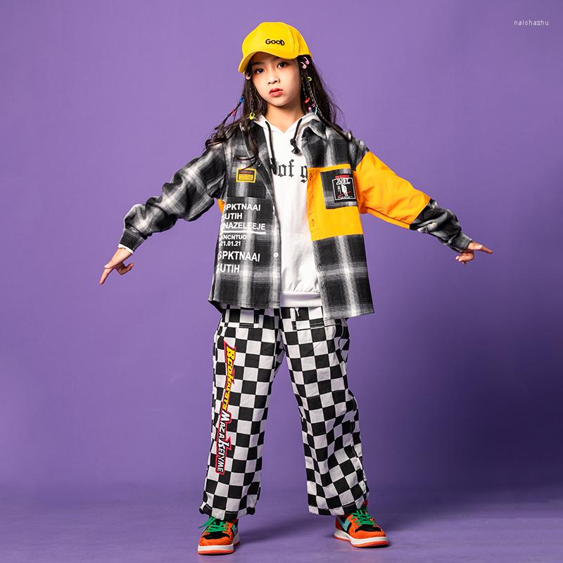 

Stage Wear Kids Ballroom Hip Hop Dancing Outfits Checkered Shirt Cargo Pants Girls Jazz Dance Costume Rave Clothes