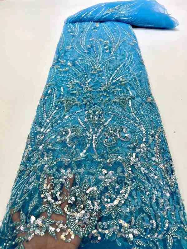 

Fabric Blue Beads African Lace Tulle Embroidery Sequins Lace Fabric Quality Net Fabric For Garment Dress J220909