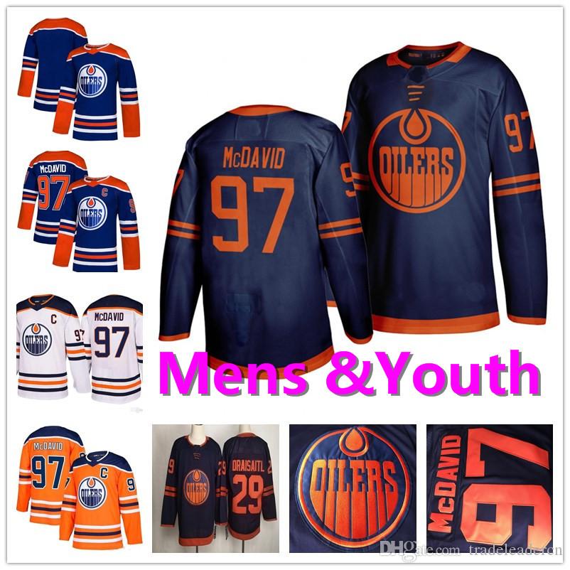 

College wear Youth Mens Lady 97 Connor Mcdavid 29 Leon Draisaitl White Orange Navy Blue Home Away Stitched Kids Edmonton Oilers Ice Hockey, 97 navy blue