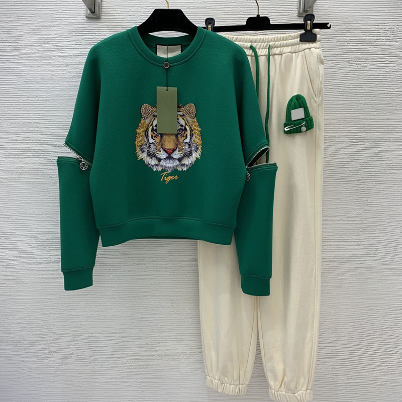 

Hip Hop Tiger Tracksuits Creative Zipper Designer Women Tracksuit Elastic Waist Trousers Green Cotton Hoodies