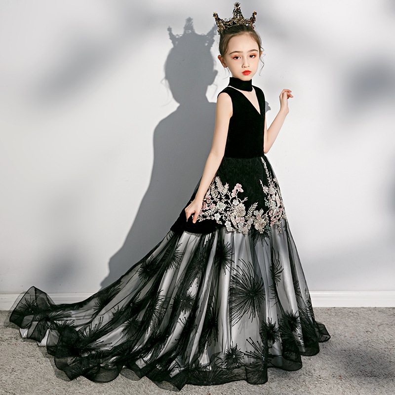 2023 robes de demoiselle d'honneur long train avec perles perles premières robes de sainte communion col haut dentelle robe de bal enfant en bas