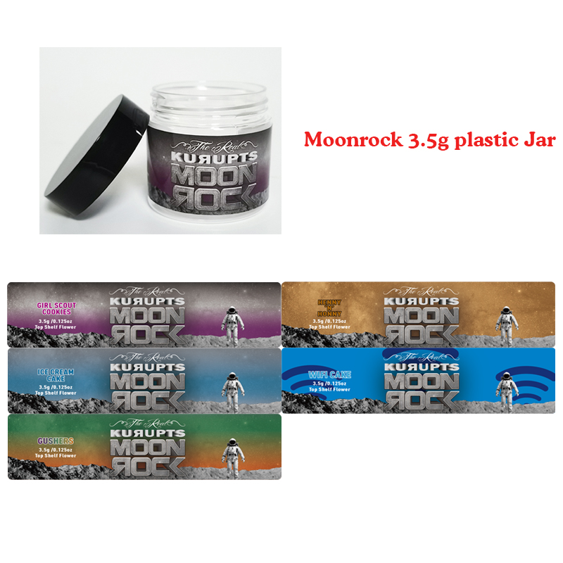 

Custom 3.5g herb jar Moonrock package clear PET plastic jars with 10 options strain sticker moonrock 3.5 packaging