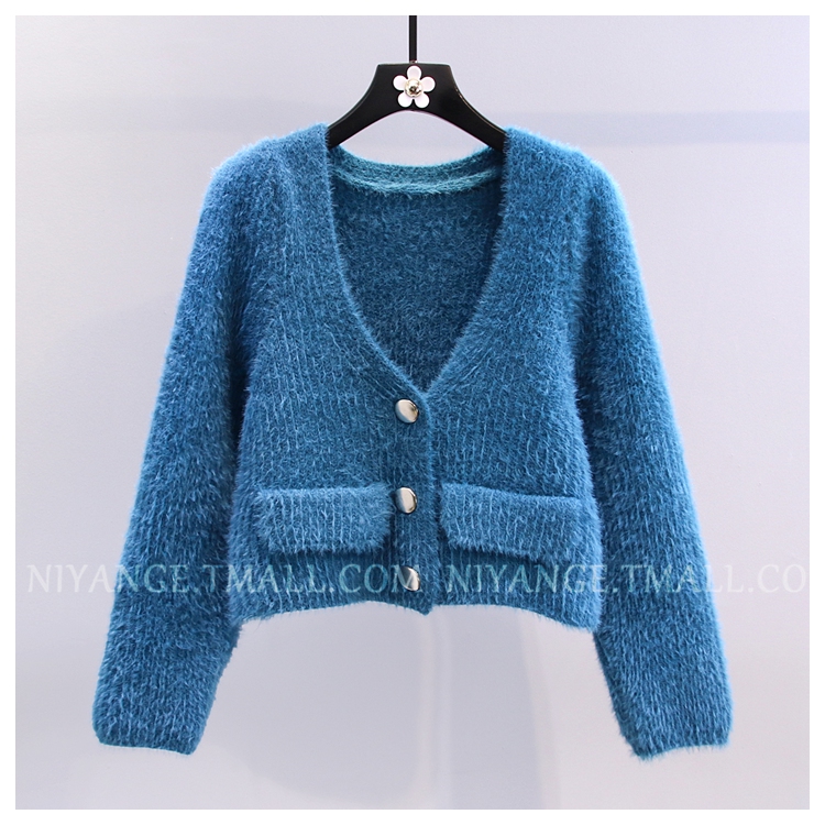 

Knitted Cardigan Women Kawaii Pink Cardigans Japanese Autumn Winter New V-neck Sweater Jacket Woman, Blue