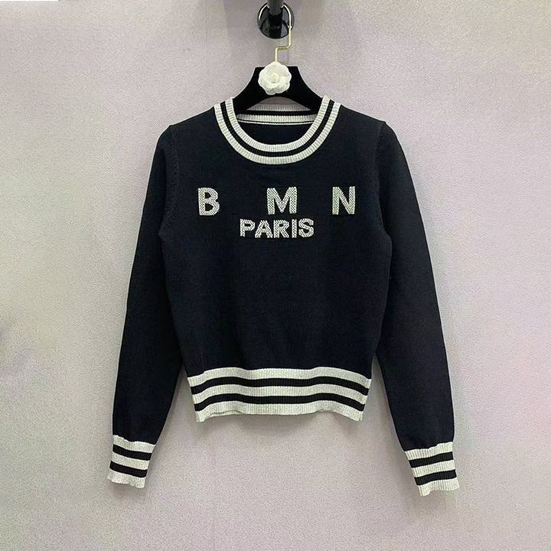 

Womens Sweaters Women Round Neck Stripe Balman Sweaters Knit Woman Pullovers Letter Knitted Long Sleeved Short Sweater Fashion Casual Knitting Top