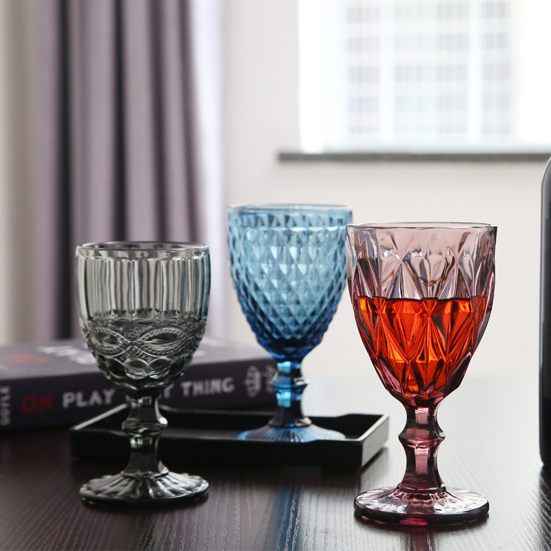 

Wholesale 240ml 300ml European style embossed stained glass 4 colors wine lamp thick goblets vintage