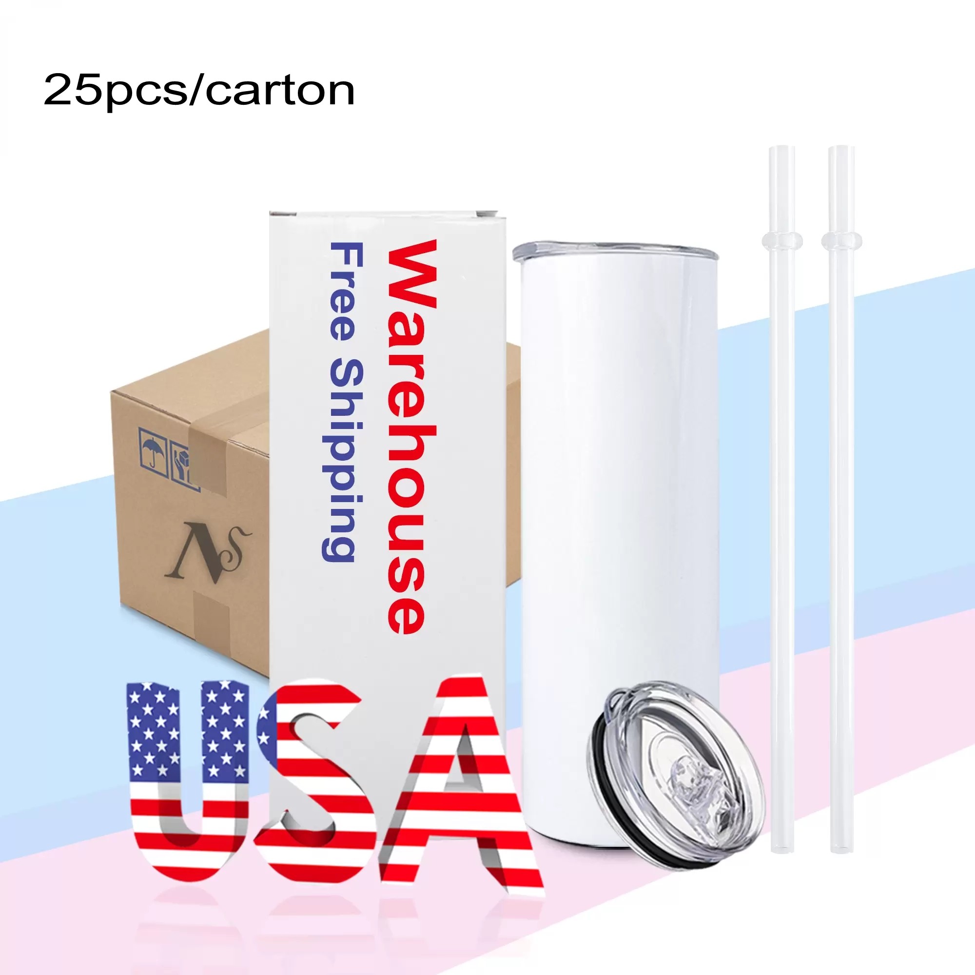 

USA Warehouse 25pcs/Carton Sublimation Tumblers Blank 20 oz White Straight Blanks Heat Press Mug Cup With Straw