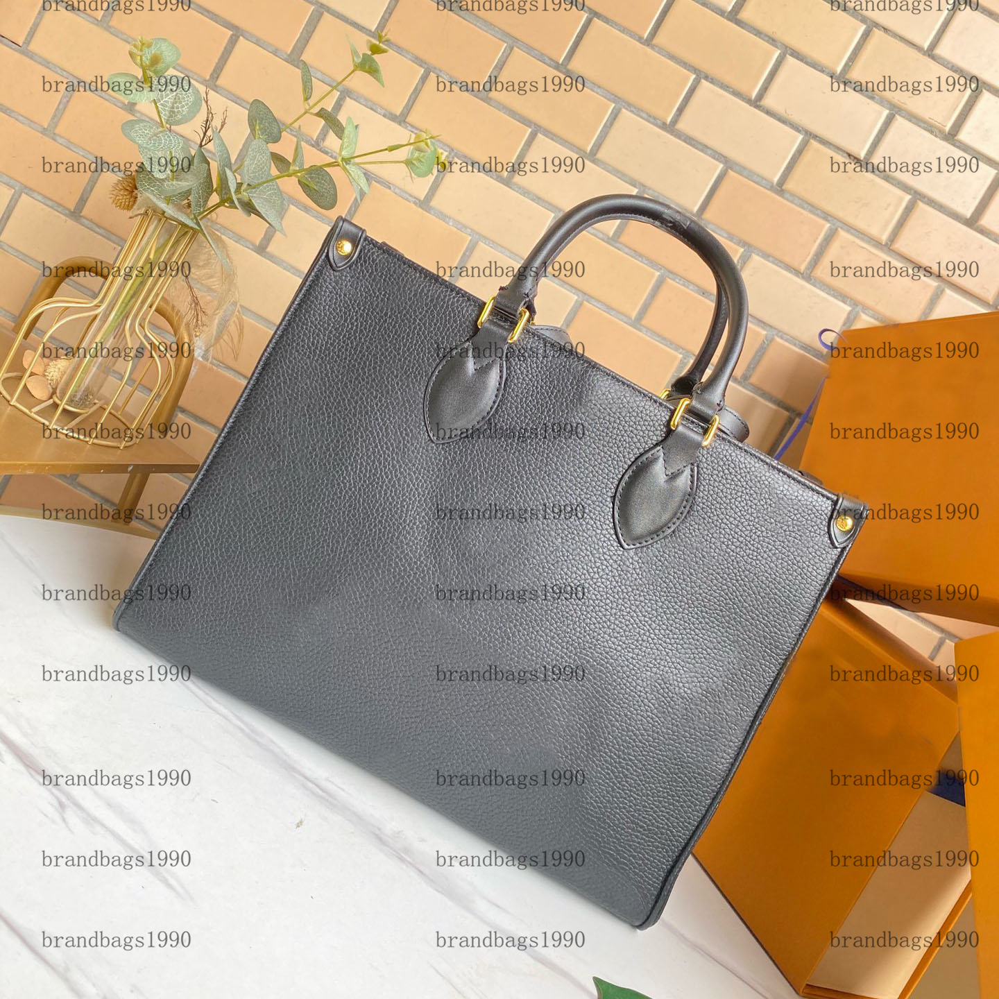 

MM Ondego Shopping bag cowhide leather Women Totes Designer Fashion handbags shoulder bags 35X28X15CM Large Bag, White with brown