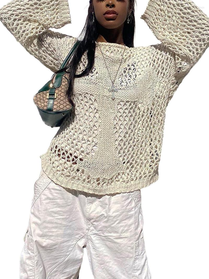 Chandails pour femmes femmes évider pull ample à manches longues Crochet pull tricoté surdimensionné Vintage Fairycore Grunge Blouse hauts