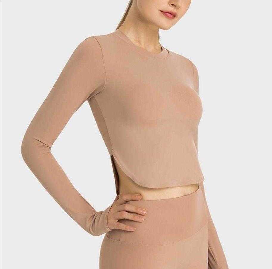 

lu-220 Yoga Tops Gym Clothes Women Sexy Side Seam Split Nude Fitness Long Sleeve Tees Casual Running Sports Shirt, Black