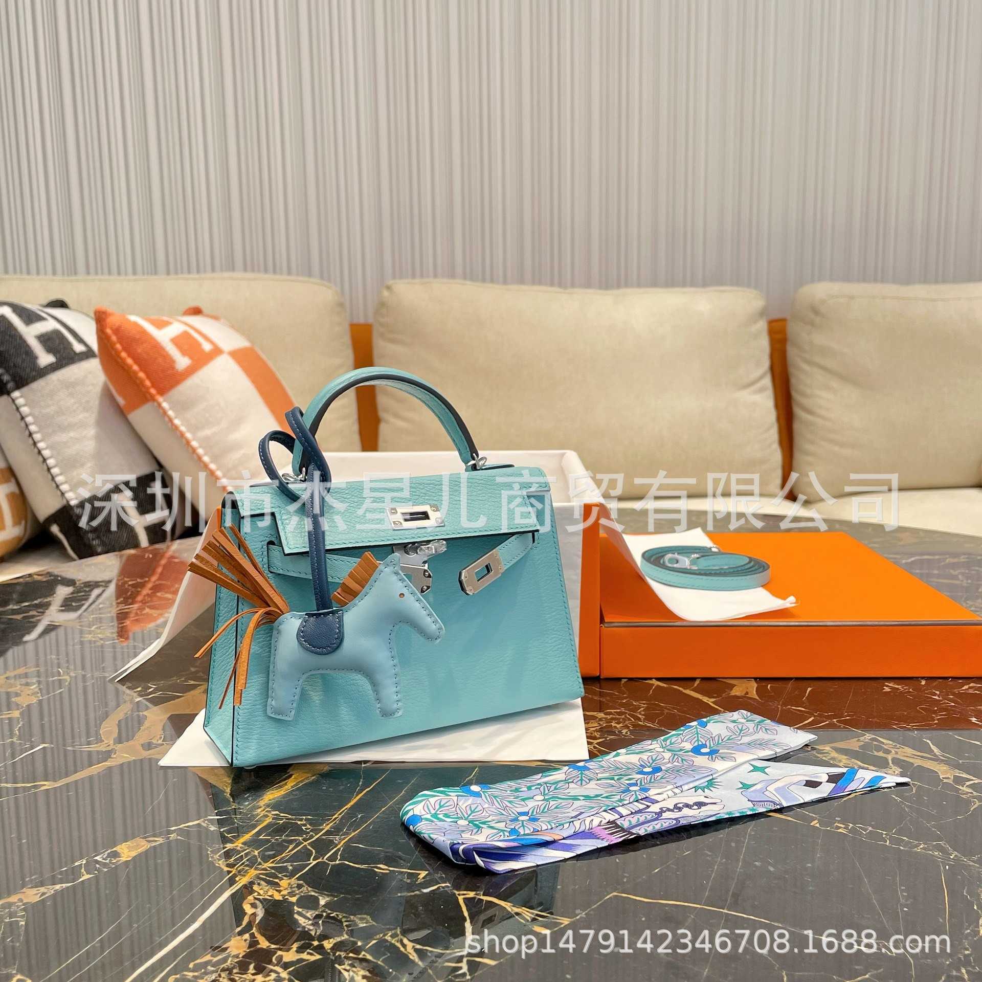 

HandbagHandmade Sewing Hermee Shopping Designer h Family Pure Hand Tote Mini Bag Kellies Women French Sheepskin Aqua Blue