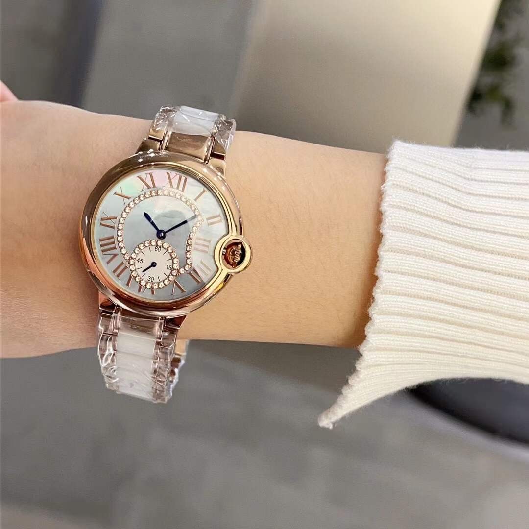 36mm Classic Geometric Moon Phase Watches Women Zircon Quartz Stopwatch Roman Number Clock Female Mother of pearl circle Dial White Ceramic Strap Wristwatch