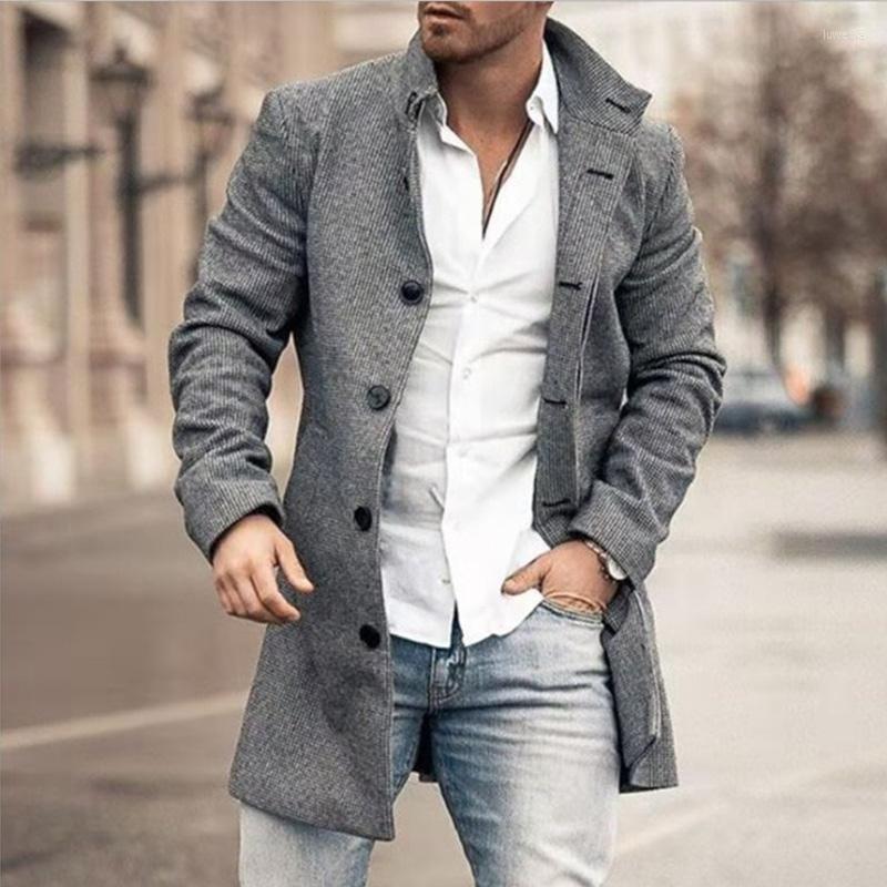 

Men's Wool Men Woolen Coat Autumn Winter Pocket Leisure Mid-Long Men's Stand Collar Long Sleeve Plaid Overcoat Cardigan Top