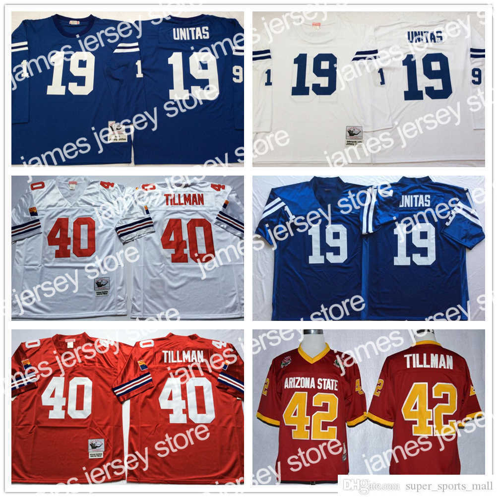 

Football Jerseys NCAA College 75th Vintage Football Mitchell and Ness 40 Pat Tillman Jersey Stitched 19 Johnny Jerseys Unitas Shirt Black White Blue Red, Same as picture