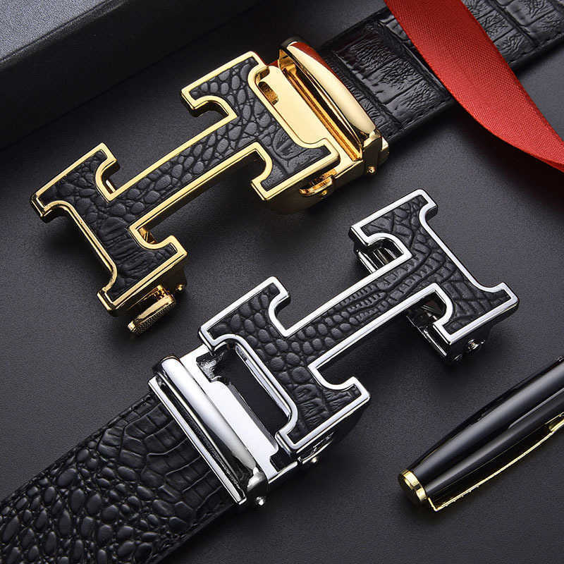 

New H Automatic Buckle Alligator Belly Pattern Men Jeans Belt Business Suit Mens Fashion Brand Leather Belts Wholesale, Black