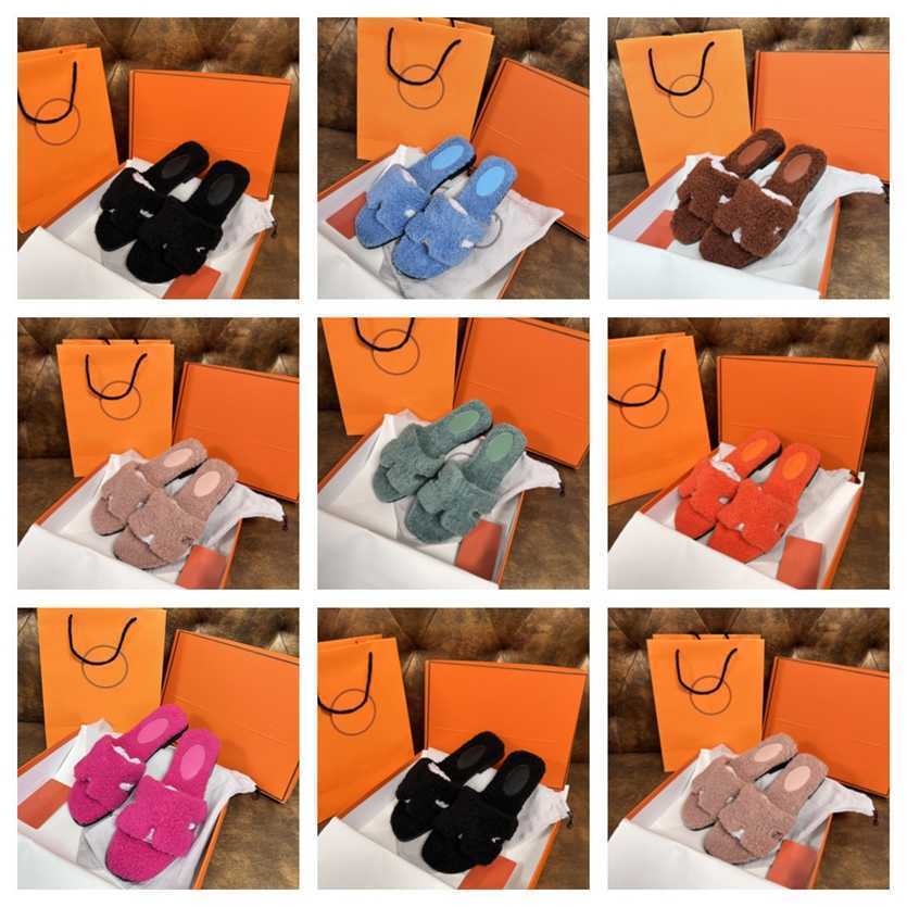 

Womens Slippers Sheepskin Designers Slides Women Plush Winter Fur Slide Classic Open Rubber Casual Sandals Black red green Flat Slipper, Hms8313