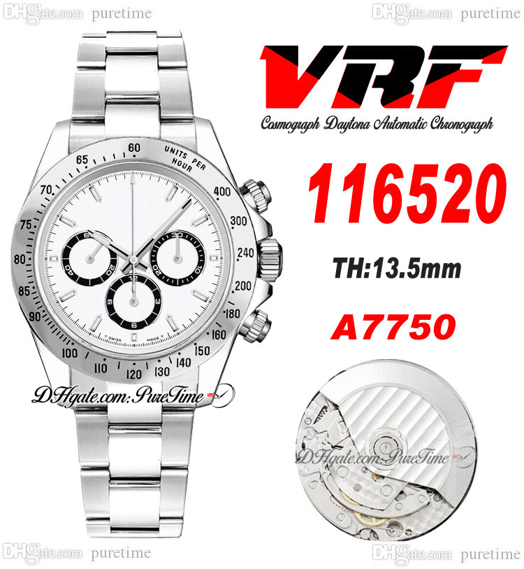 

VRF 11652 A7750 Automatic Chronograph Mens Watch Tachymeter Bezel White Stick Dial Stainless Steel Bracelet Super Edition Same Series Card Puretime G7
