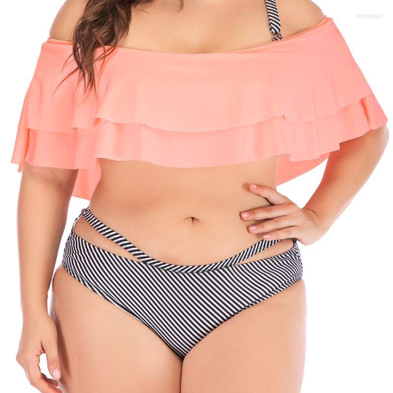

Women's Swimwear Women's Women Arrival Bathing Suits Ruffle Top With Chest Pad Hollow-out Stripe Hip Brief Plus Size Set Swimming, As photo shows