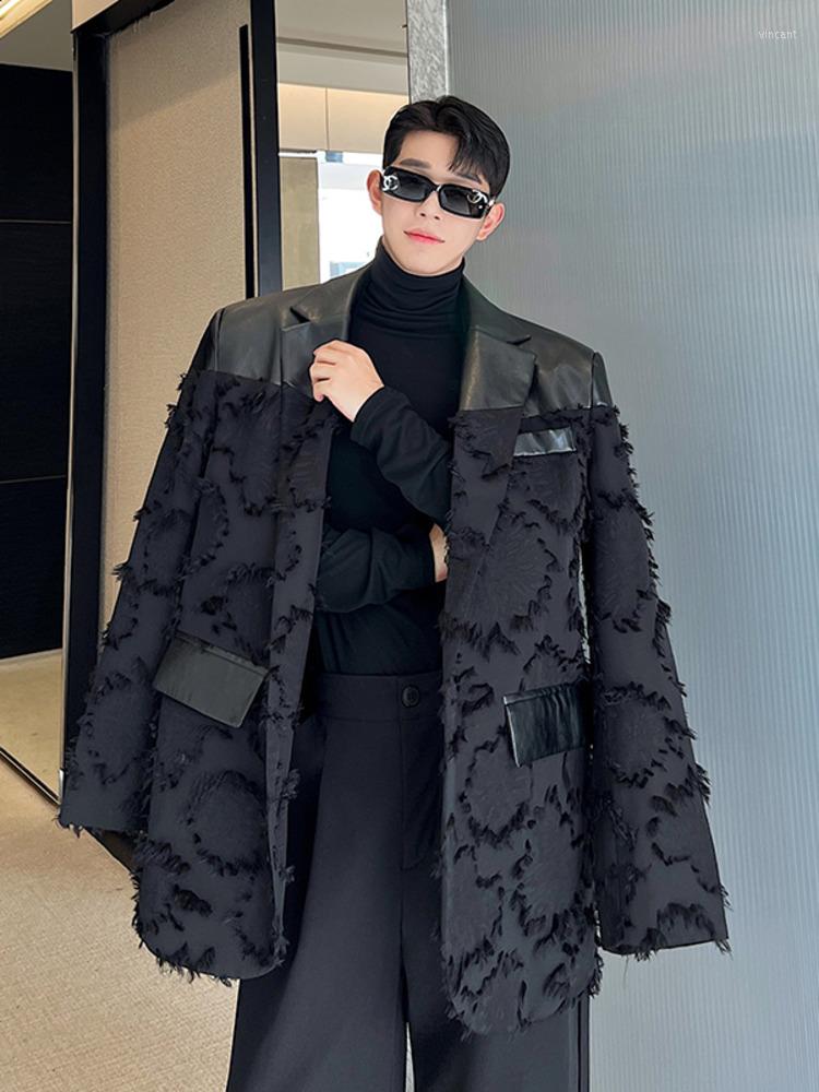 

Men's Suits SYUHGFA Men's Wear Korean Streetwear PU Leather Patchwork Jacquard Suit For Male 2022 Autumn Loose Long Sleeve Blazers, Black
