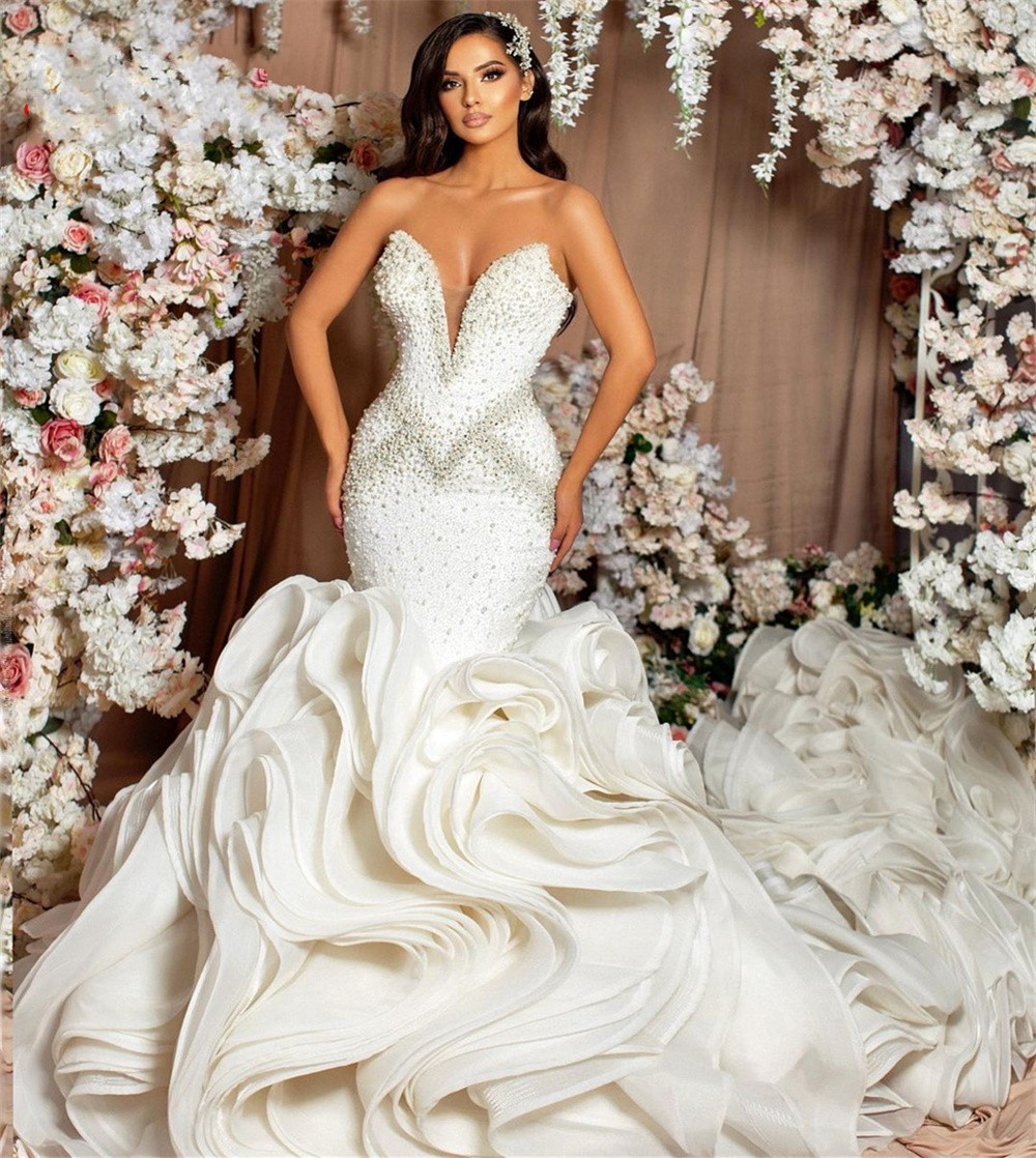 Robe de mariée sirène de luxe grand train Tulle dentelle cristal perles diamants robe de mariée vestidos de novia 2024 sur mesure robe de mariée