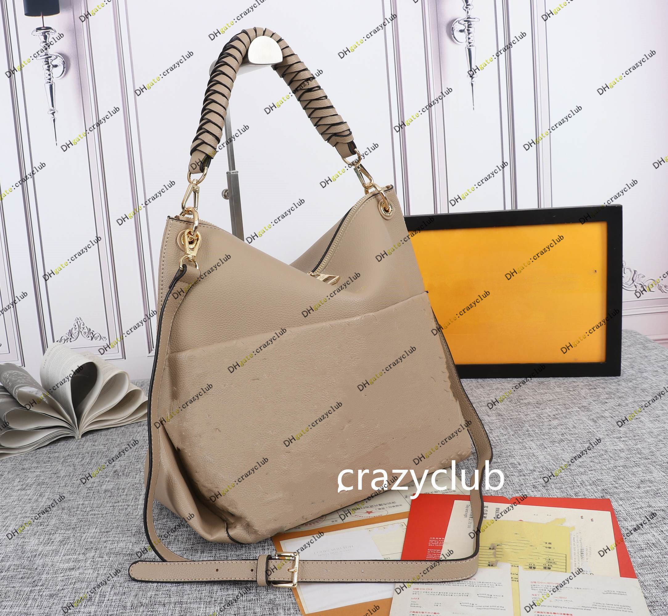 

MAIDA Beaubourg HOBO desinger bag women lady canvas embossed genuine calf leather zipped handbag top handle purse strap shoulderbag tote M45522, As show #3