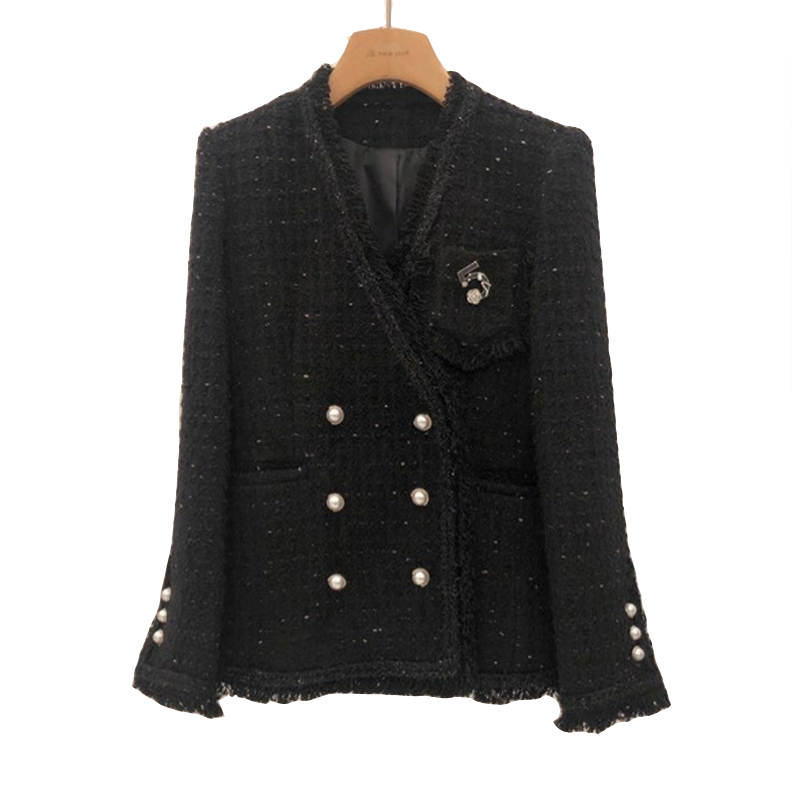 

Women' v-neck double breasted lurex tweed woolen medium long blazer coat jacket SMLXLXXL, Black