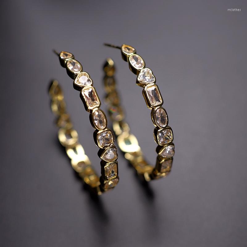 

Hoop Earrings Fashion Big Pave Luxury Heart Round Geometry Clear Shiny Cubic Zirconia Gold Color Women Party Jewelry CZ