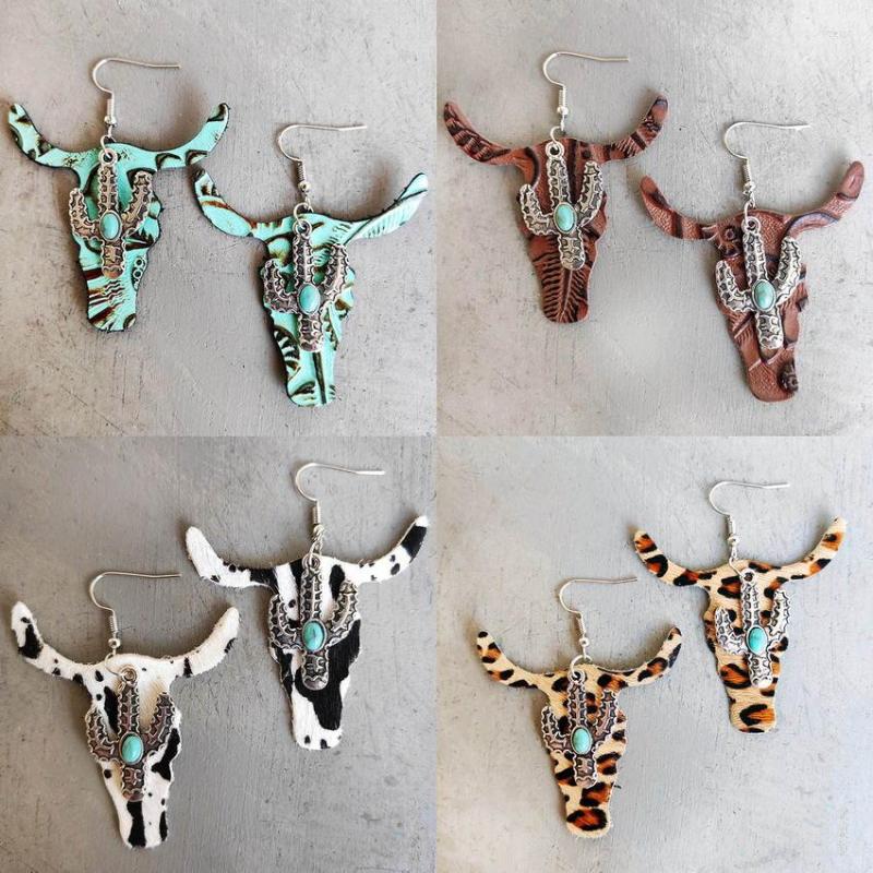 

Dangle Earrings Fall Turquoise Cactus And Genuine Leather Ox Head For Women 2022 Fashion Western Cowgirl Wholesale