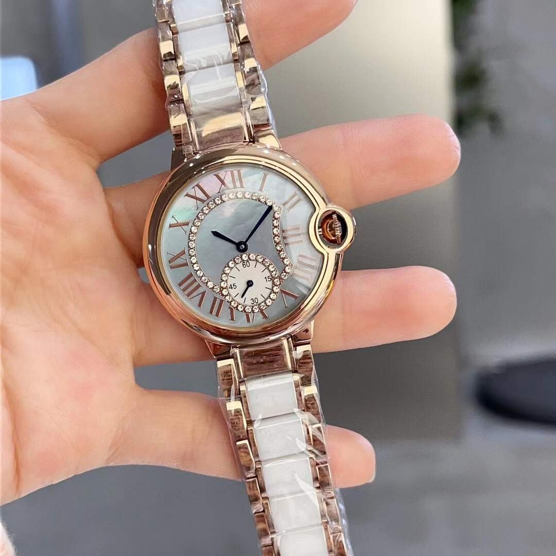 36mm Classic Geometric Moon Phase Watches Women Zircon Quartz Stopwatch Roman Number Clock Female Mother of pearl circle Dial White Ceramic Strap Wristwatch