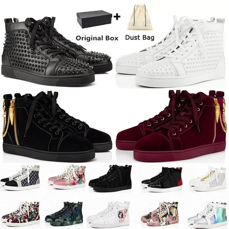 

With box 2022 mens shoes Luxurys Designers red bottoms high low tops studded spikes fashion suede leather black silver women flat sneaker Party trainers sneakers, 37