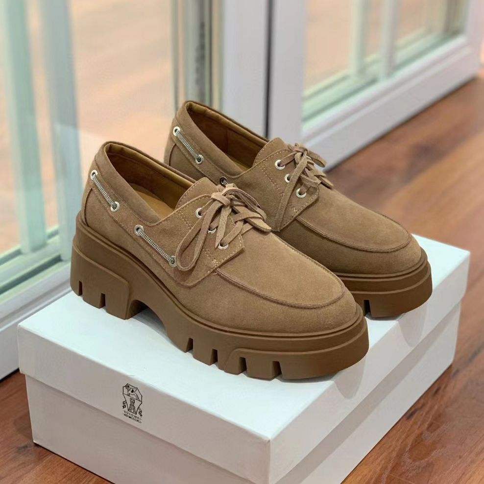 

BRUNELL CUCINELL Casual shoes Thick sole strap adjustable chain Lefushoes Deerskin Platform Shoes women's Luxury Designers flat Dress shoe ladies factory footwear, Black