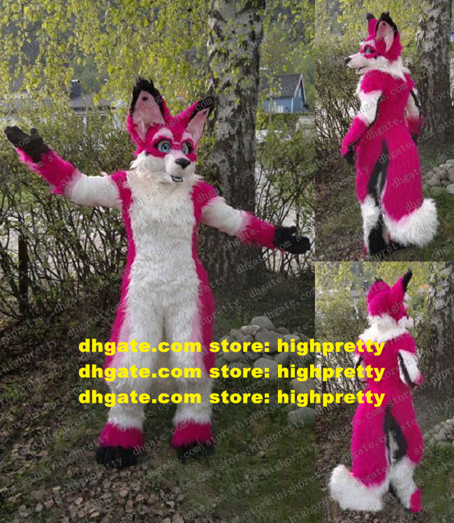 

Pink White Long Fur Furry Mascot Costume Wolf Fox Husky Dog Fursuit ALASKAN Character Suit Hilarious Funny Cut The Ribbon zx474, As in photos