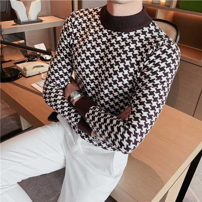 Men's Sweaters Houndstooth Men Half Turtleneck Sweater 2022 Autumn Winter Warm Casual Slim Fit Pullovers Homme Thickened Plaid Jacquard Sweater