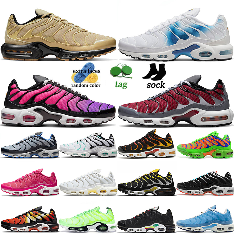 Tn Plus Tnplus Chaussures de course Tn Hommes Femmes Triple Blanc Noir Université Bleu Volt Peinture en aérosol Social FC Dusk Sunset Gradient Ba