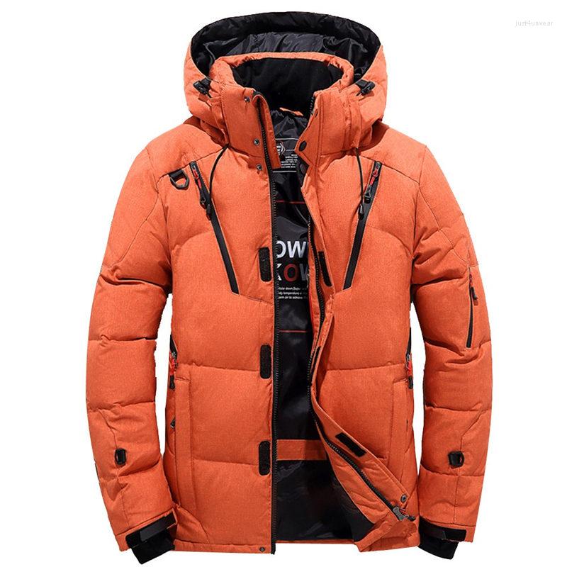 

Winter Snow Down Jacket Men Casual Thick Warm Parkas Hooded Coats Multi-pocket White Duck Down Windbreaker Jackets Overcoat, Black-1