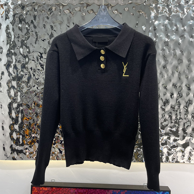 

4 Colors Lapel Neck Sweaters Personality Pin Ornament Sweater Gold Button Designer Shirts High Elasticity Top, White