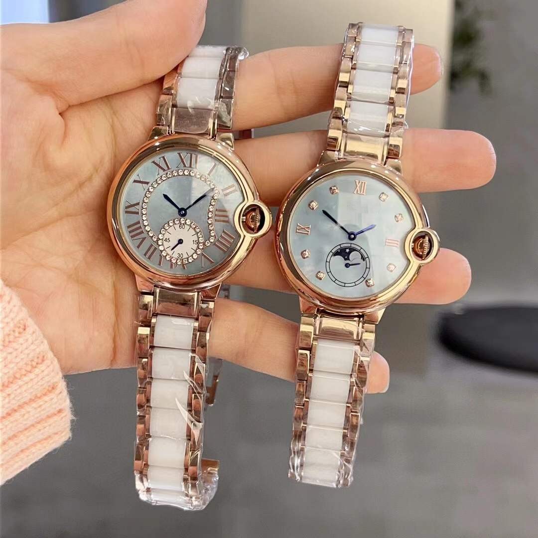 36mm Classic Geometric Moon Phase Watches Women Zircon Quartz Stopwatch Roman Number Clock Female Mother of pearl circle Dial White Ceramic Strap Wristwatch