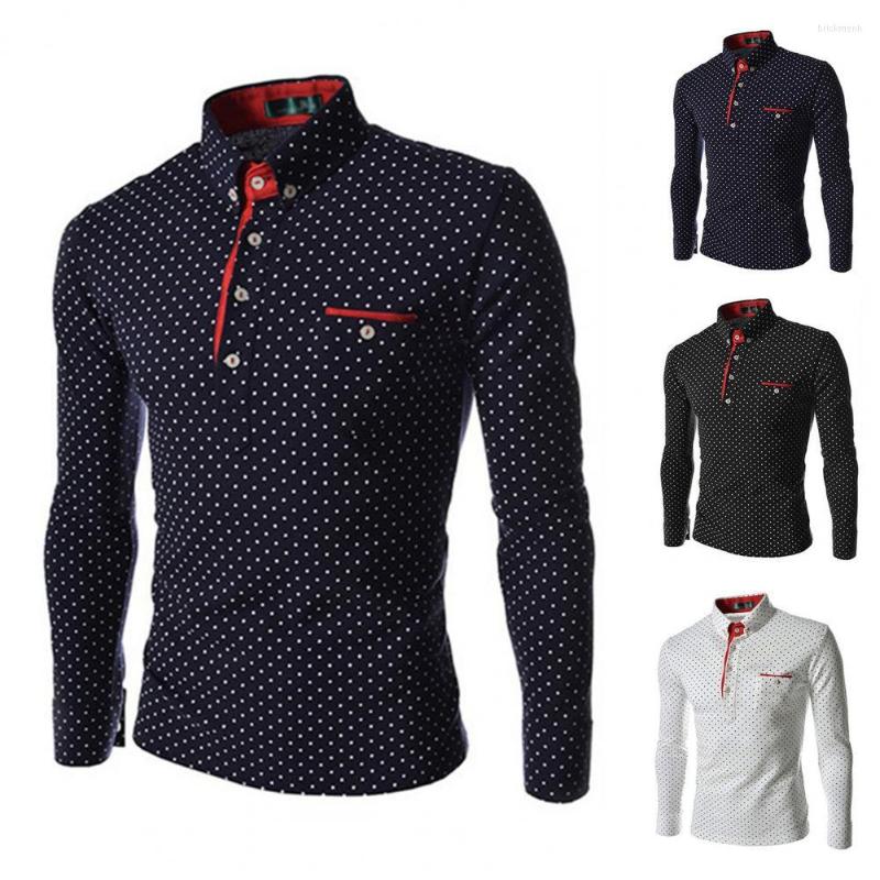 

Men's Casual Shirts Men Polo Shirt Dot Print Turn-down Collar Spring Patchwork Long Sleeve Lapel T-shirt Slim Fit Half Placket Top, White