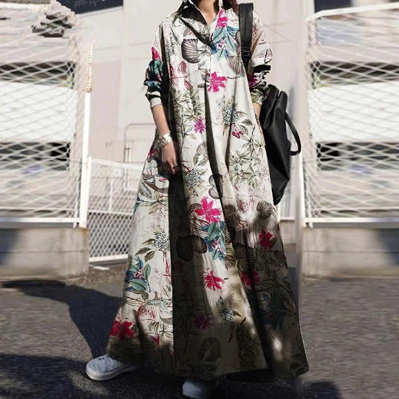 

Casual Dresses Vintage Floral Print Shirt Dress Women Spring Autumn Turn Down Collar Long Sleeve Button Maxi Ladies Loose Vestidos, Red