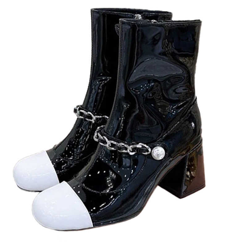 

Boots Small Boots Round Toe Thick Heel Chain Splice Side Zipper Martin Boots, Black