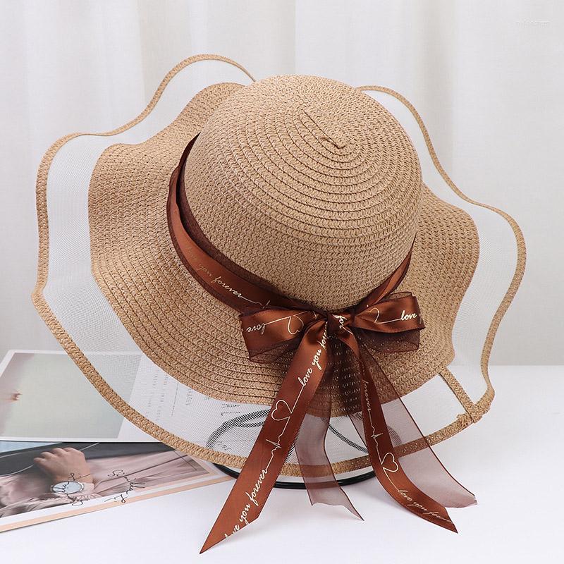 

Wide Brim Hats 2022 Summer Women Mesh Trend Lace Hat Spliced Big Outdoor Beach Dome Breathable Sunshade Sunscreen Bow Ribbon Straw, Black