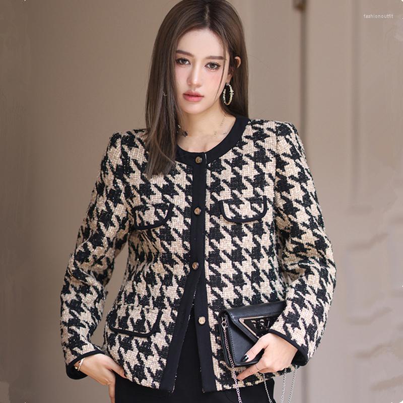 

Women' Jackets Vintage Houndstooth Plaid Women' 2022 Autumn Retro CHic O Neck Covered Tweed Jacket Office Lady Coat Casual Outwear, 6423