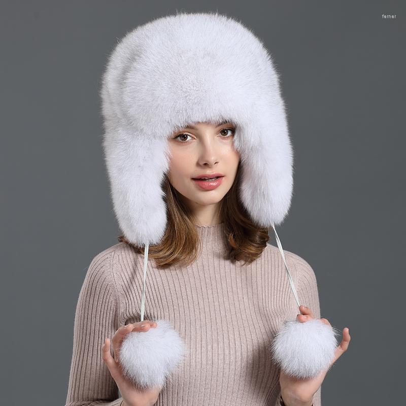 

Berets Real Fur Women Bomber Hats Trapper Hat Earflap Bonnet Pompom Winter Cap Female Thicken Lining Natural, Black