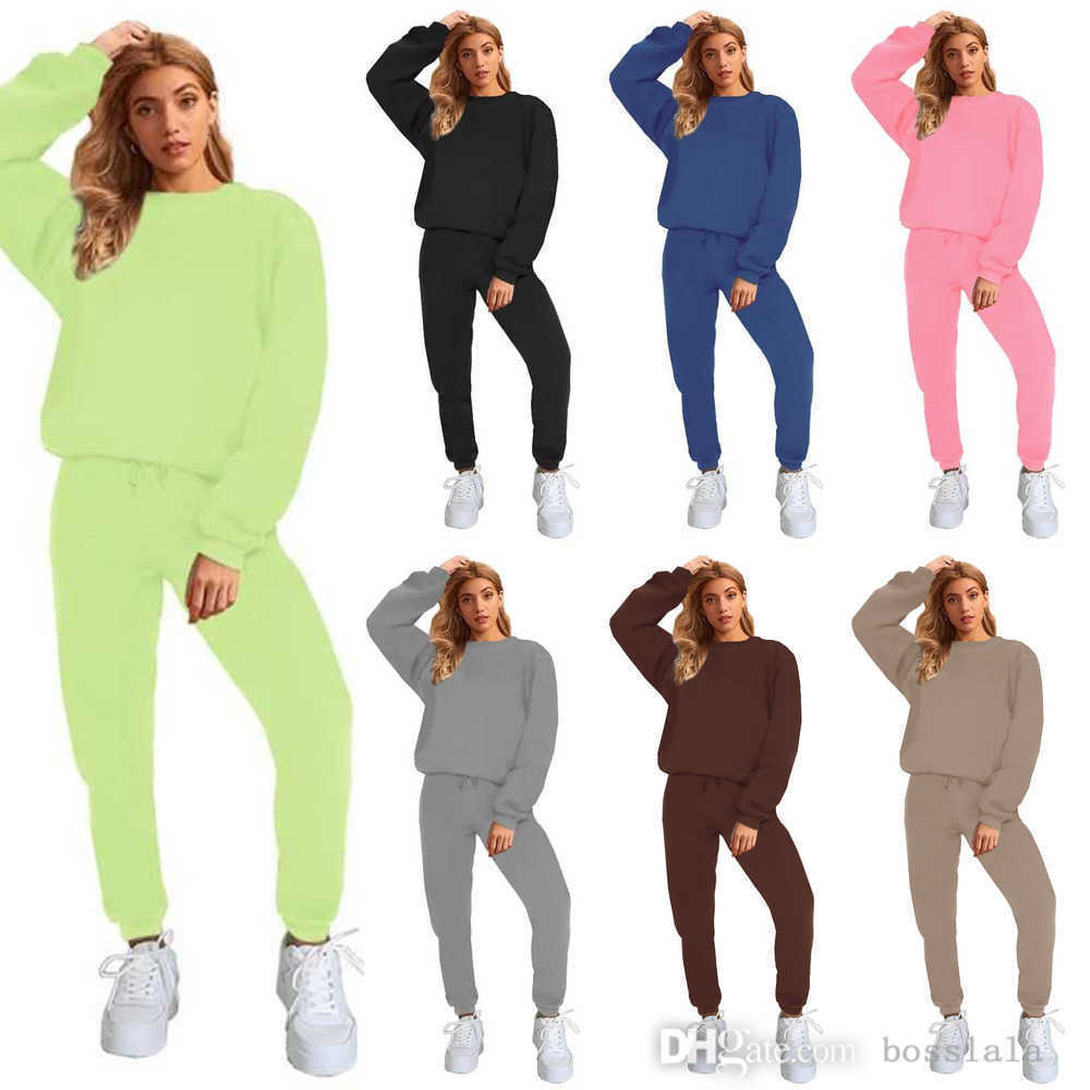 

Fall Winter Womens 3XL Tracksuits Sweatsuits 2 Piece Set Solid Color Round Neck Pullover Hoodies Sweatpants Leisure Sports Suit, Brown