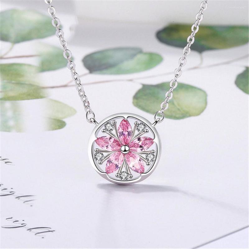 

Pendant Necklaces Trendy Tibetan Sliver Pink Cubic Zircon Stones Flower Tennis Necklace Chain Long Women Ladies K1164