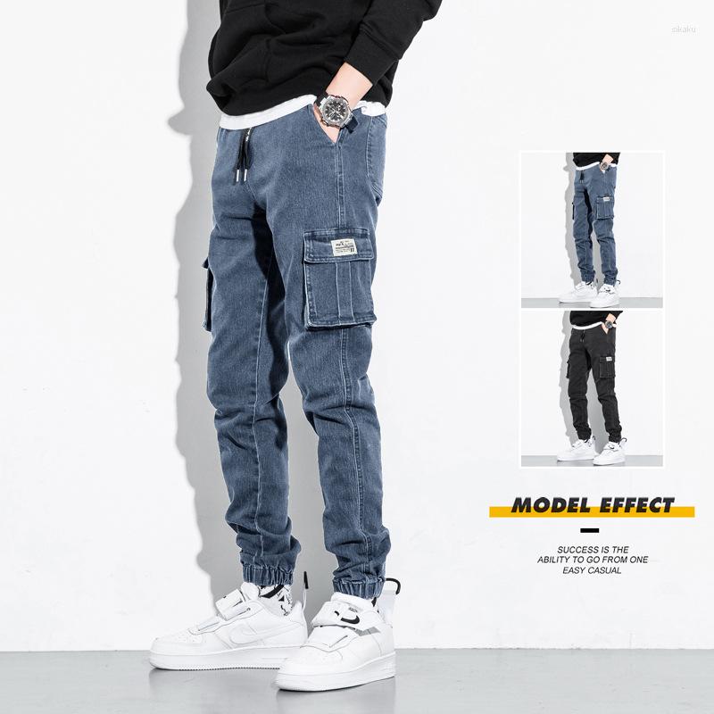 

Men's Jeans LUCLESAM Men's Multi-pocket Denim Overalls Drawstring Skinny Fashion Trend Autumn Large Size Pants For Men, Black